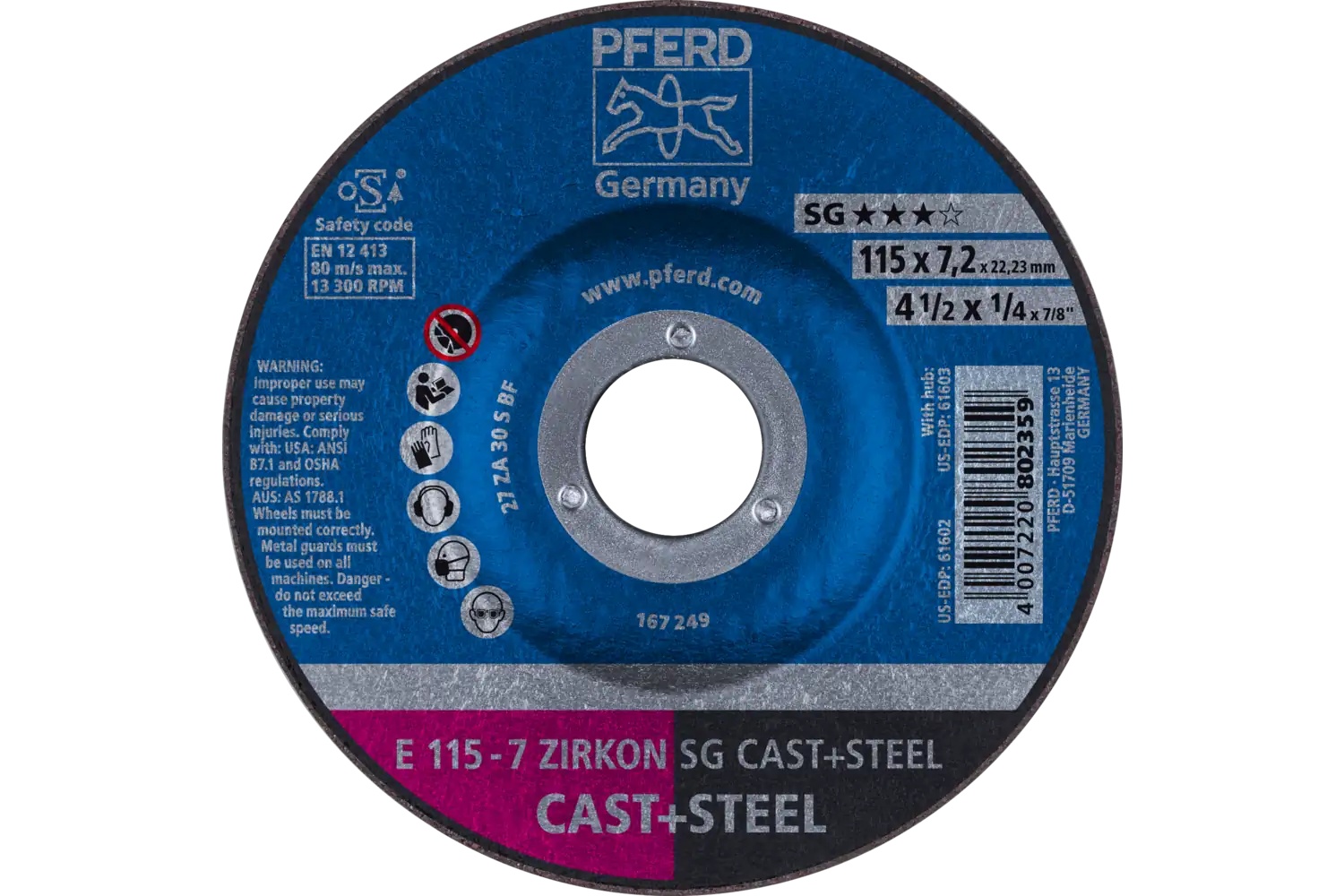 Picture of Pferd Grinding Wheel, 4-1/2" X 1/4 X 7/8, Zircon Sg Cast+Steel, T27, Za, Ao